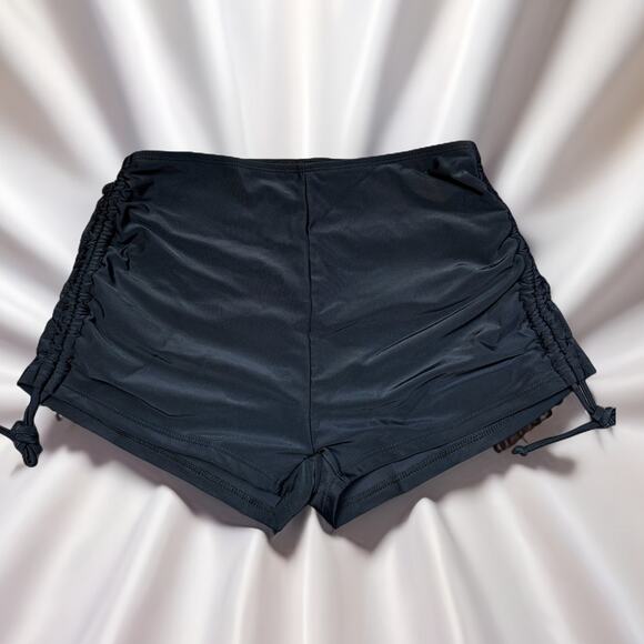 New Medium Black Adjustable Swim Shorts Bottoms Bikini Mid-Rise Booty Drawstring - Picture 1 of 2